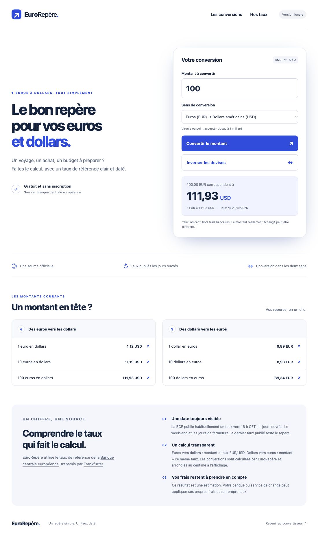 Accueil du convertisseur EuroRepère : conversion euro dollar et navigation vers les pages de montants.